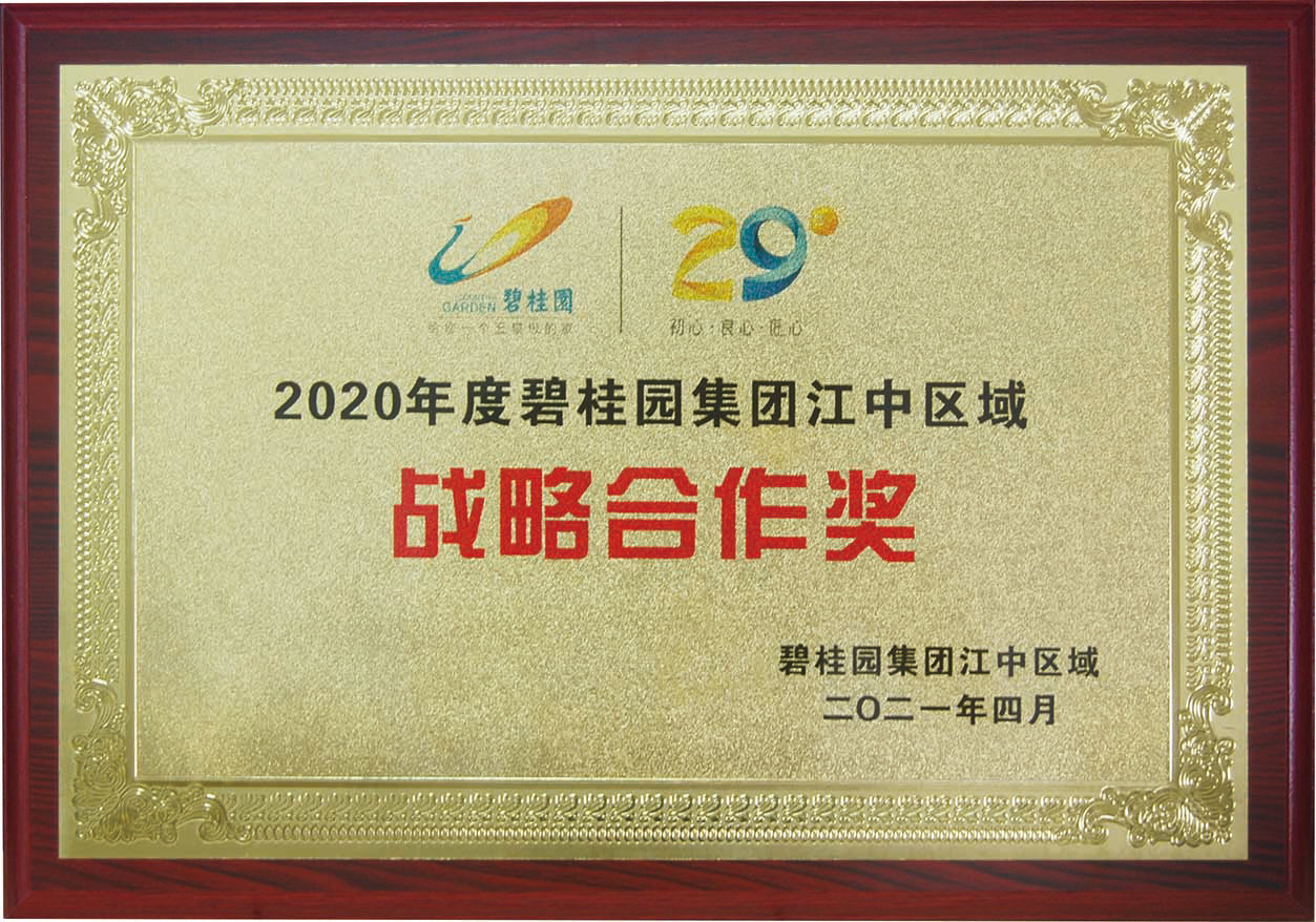 荣誉证书-2020年度碧桂园集团江中区域战略合作奖