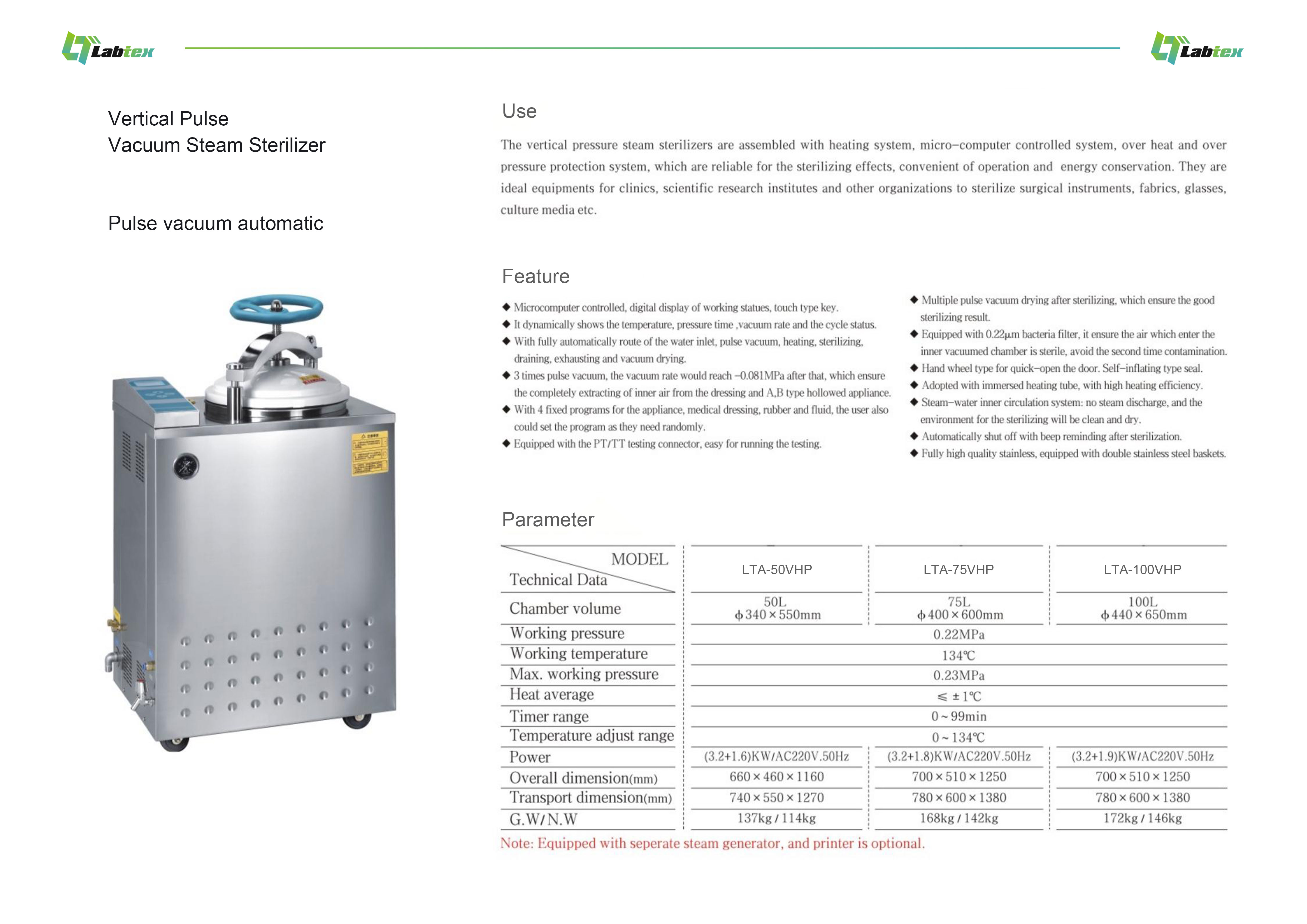 LTA VHP Vertical PulseVacuum Steam Sterilizer Pulse Vacuum Automatic