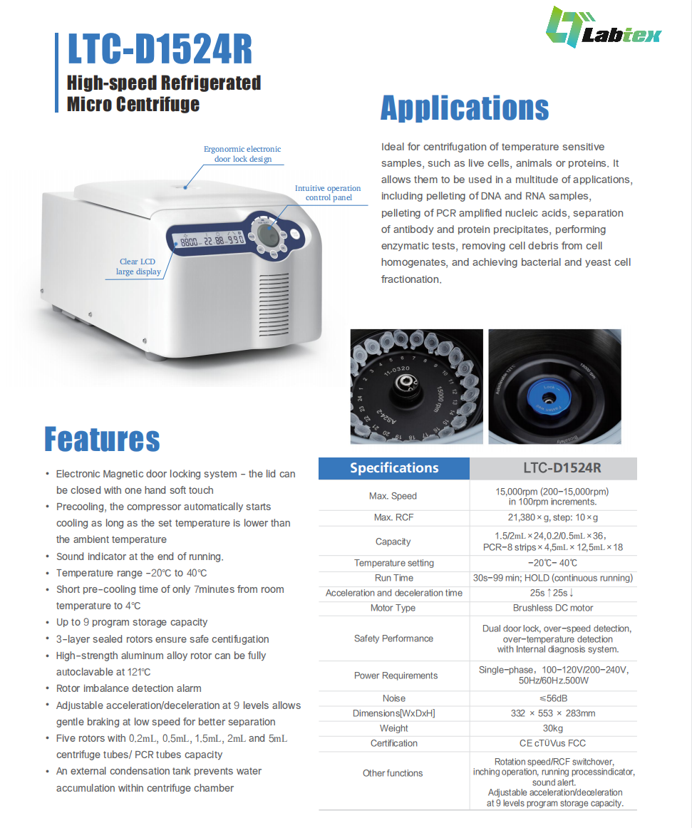 LTC D1524R Micro High Speed Refrigerated Centrifuge Labtex Biotech