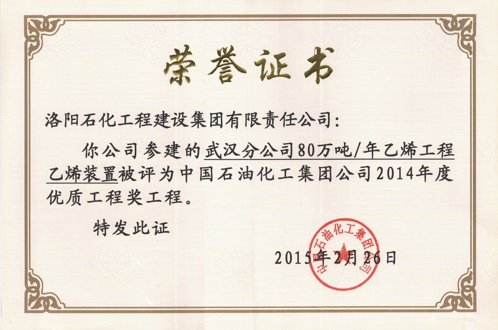 2014年度中国石化优质工程奖——武汉分公司80万吨/年乙烯工程乙烯装置