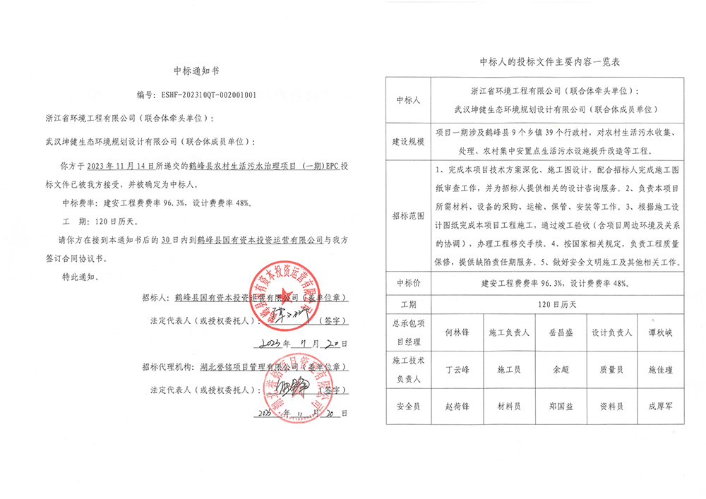 鹤峰中标通知书