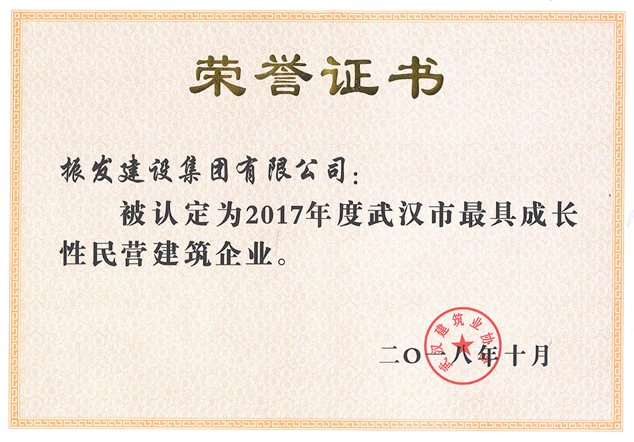 2017年度武汉市最具成长性民营建筑企业--qy球友会(中国)建设集团有限公司