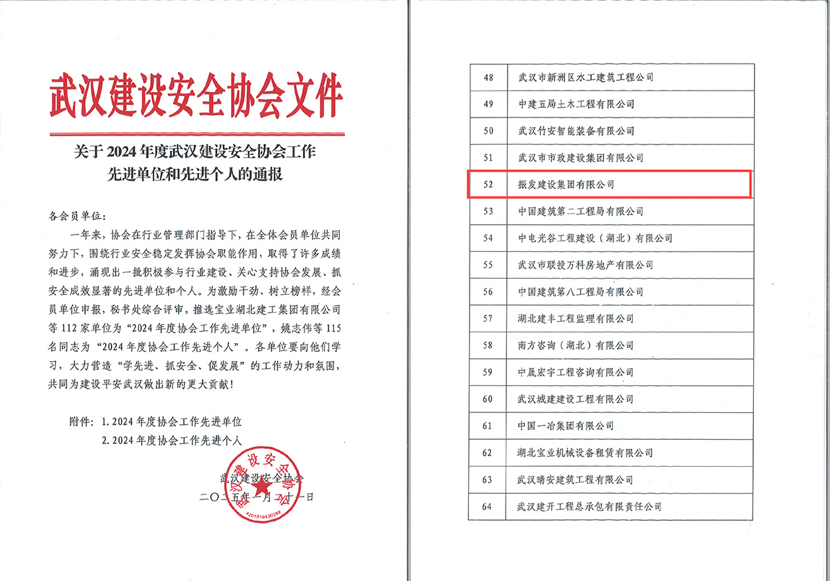 2024年度武汉建设安全协会工作先进单位