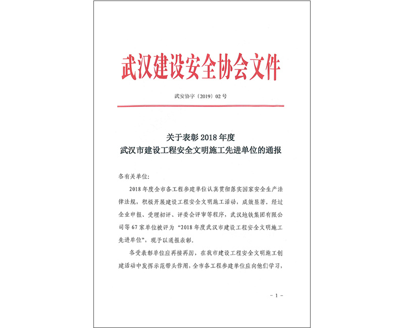 2018年度武汉建设安全协会先进单位