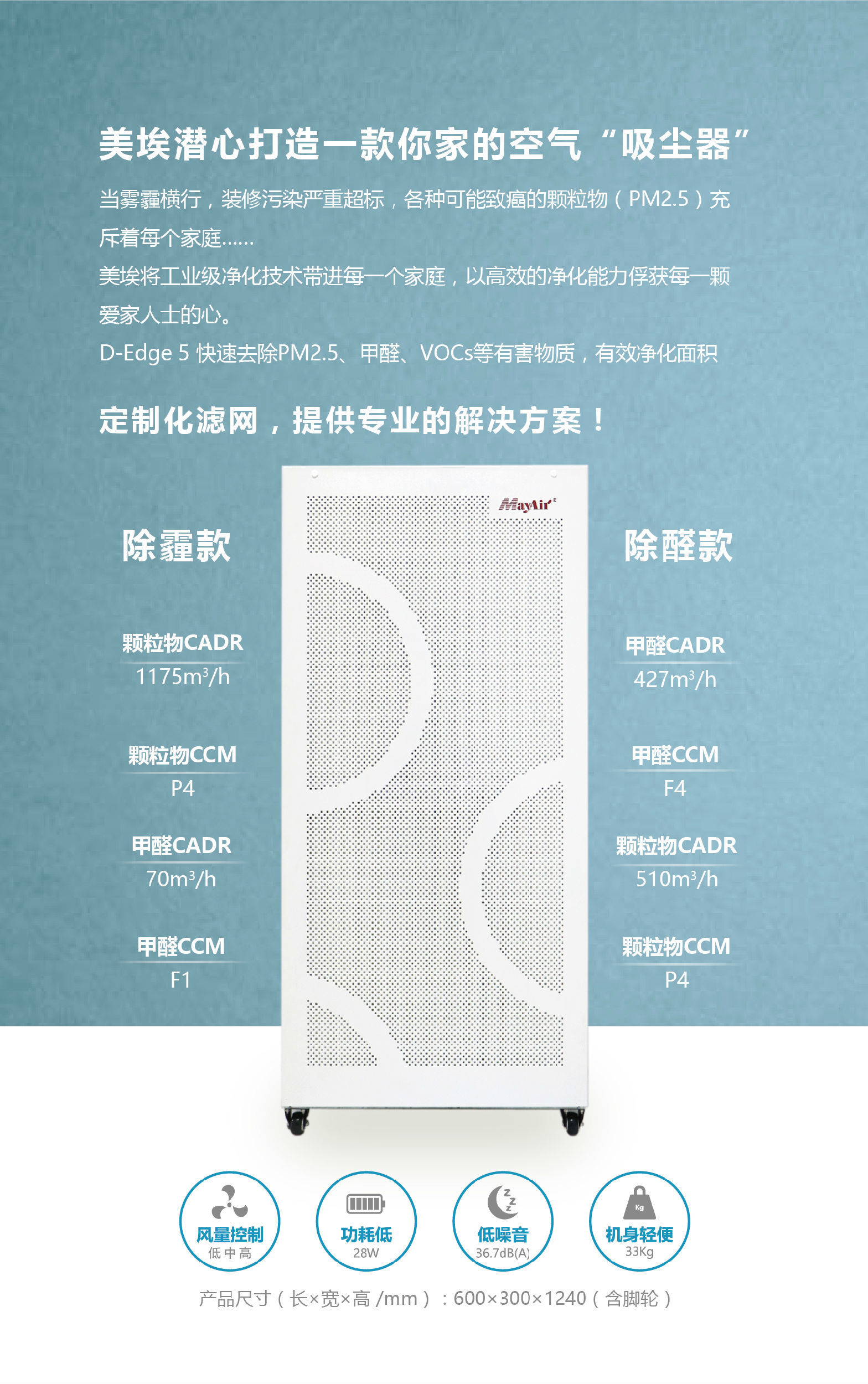 　　D-Edge 5 采用的滤网，有效净化面积、净化效率较之传统家用空气净化器超出2-3倍。能够快速去除PM2.5、甲醛、VOCs等有害物质，有效净化面积可达120㎡。短短3分钟为您的家庭解决空气困扰，快到你想不到!