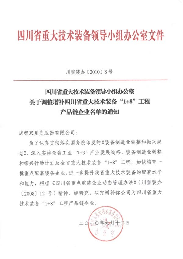 关于我公司被列入四川省重大技术装备“1+8”工程产品企业链名单通知