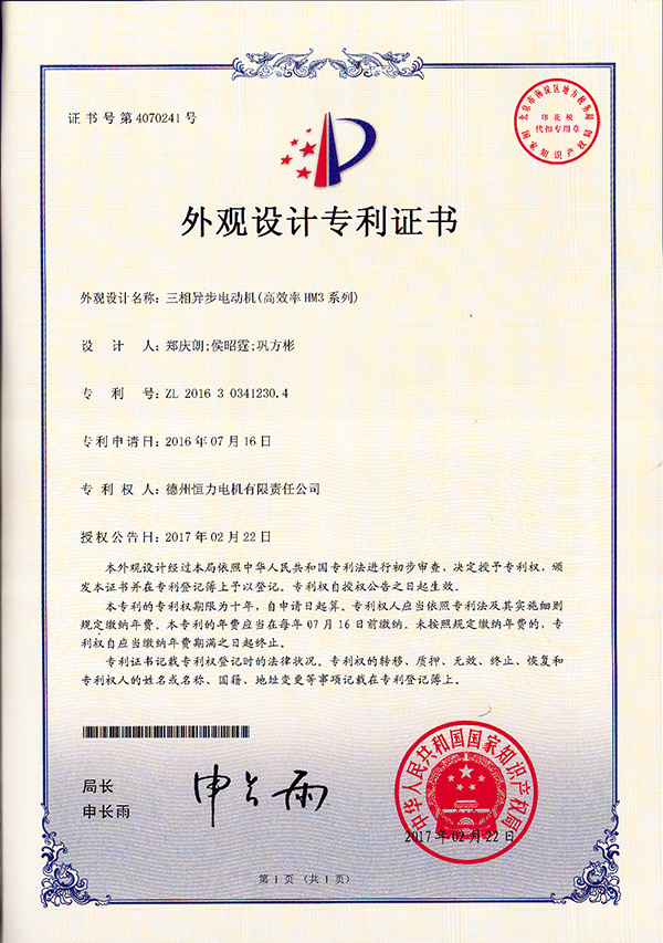 Appearance patent certificate HM3