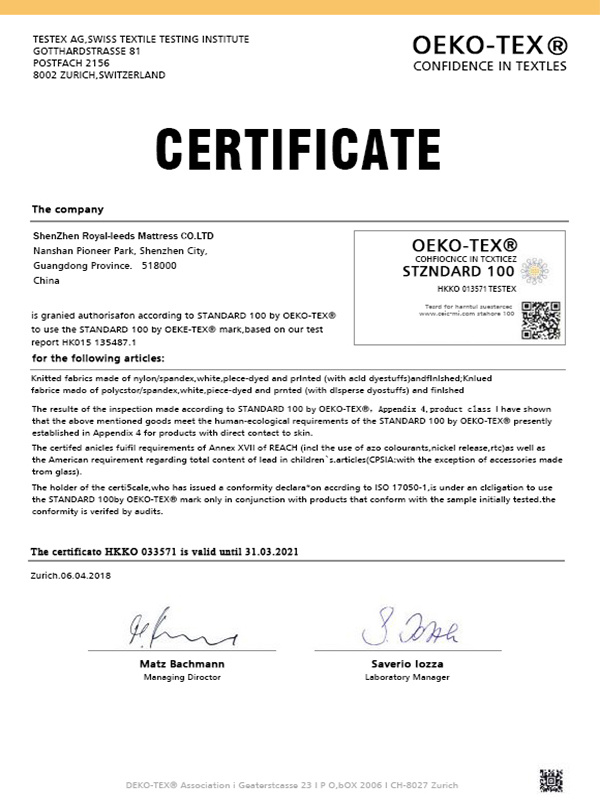 Confidence textile certification certificate