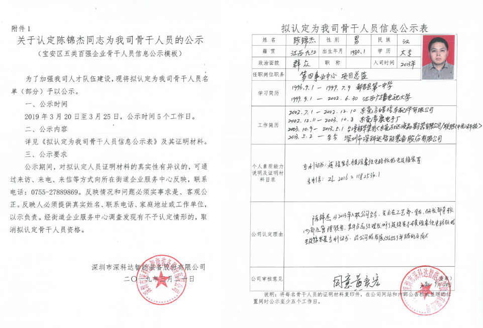 Publicity on Identifying Comrade Chen Jinjie as a Key Personnel of our Company