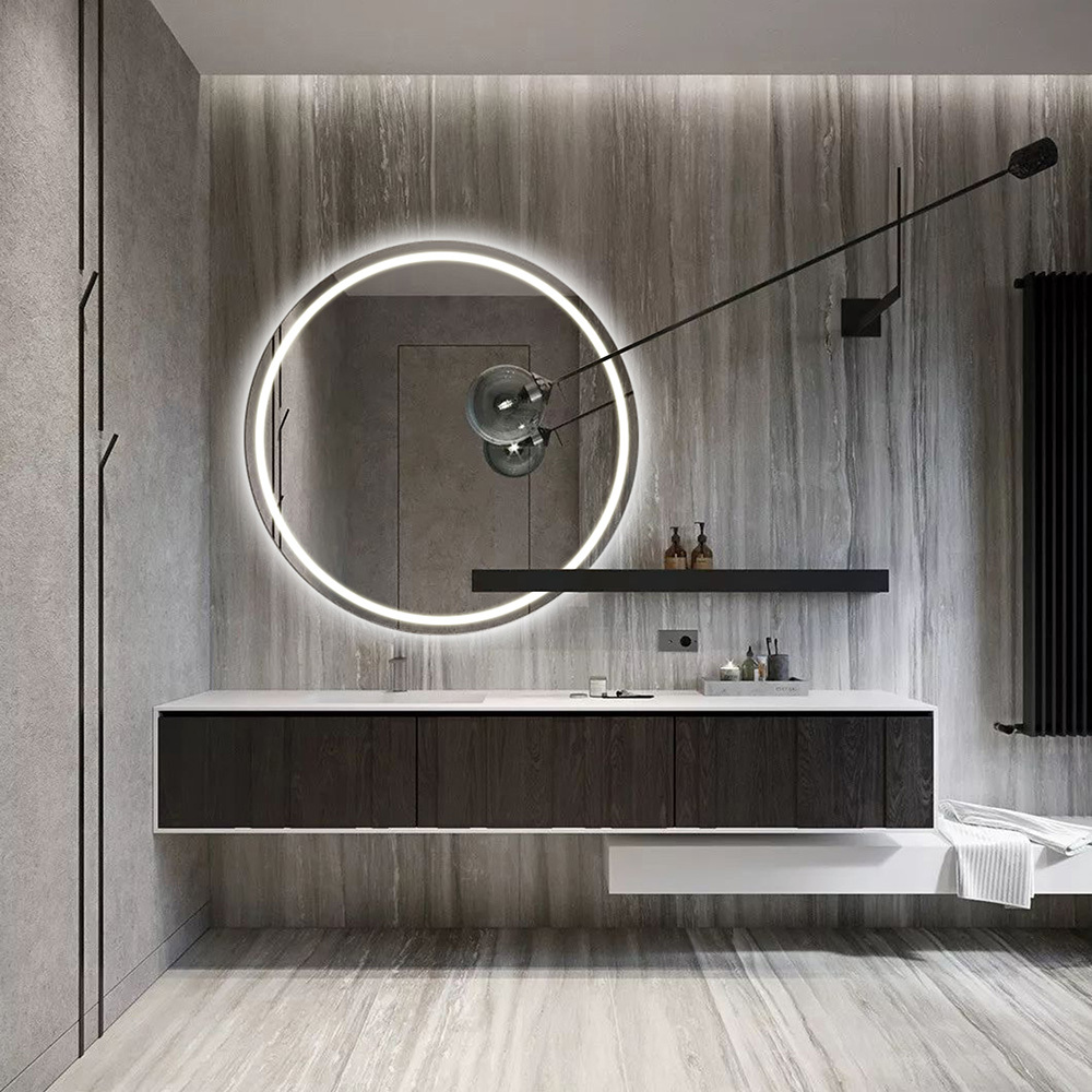 Wall mirror with lights around in the bathroom
