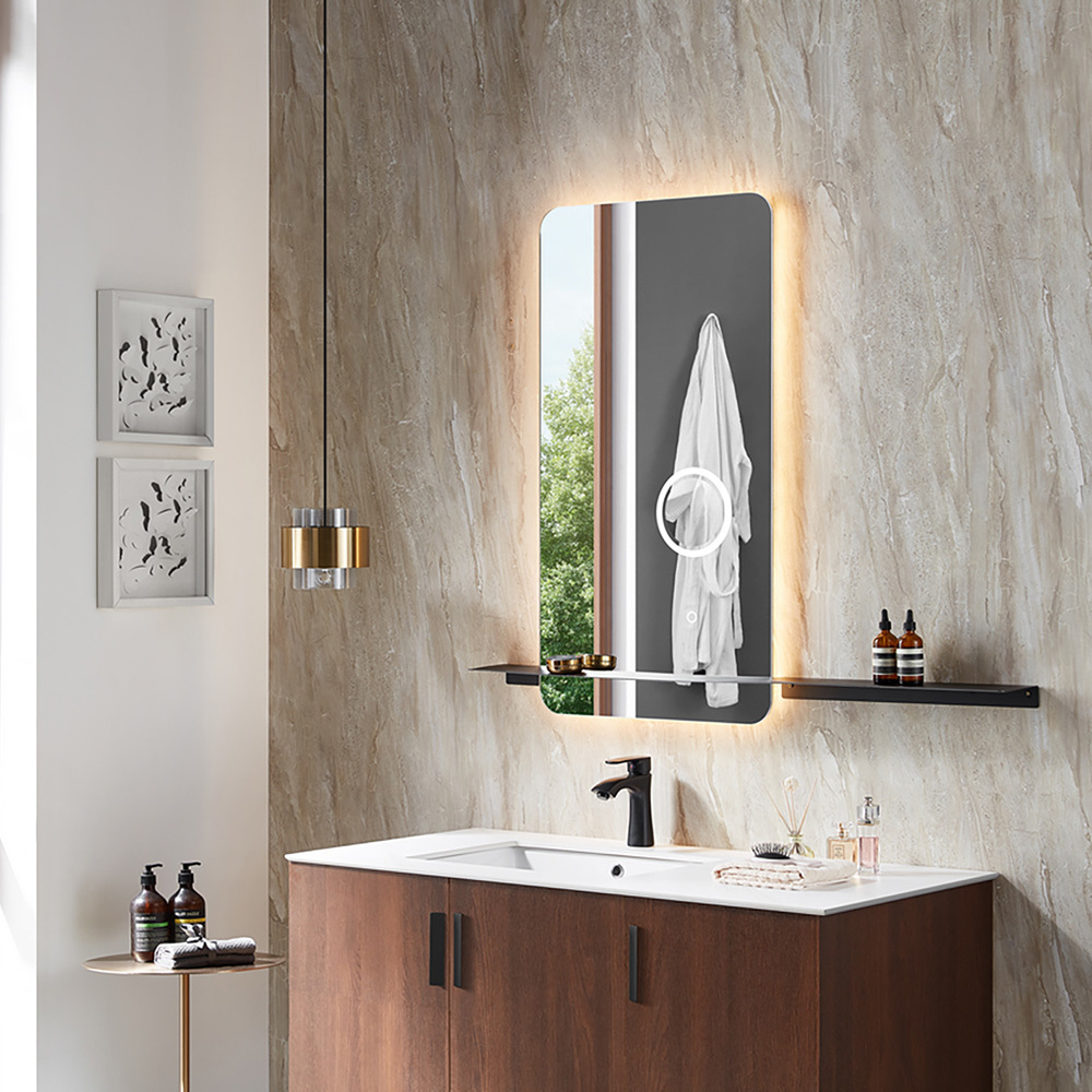 Backlit bathroom makeup mirror with magnifying lights