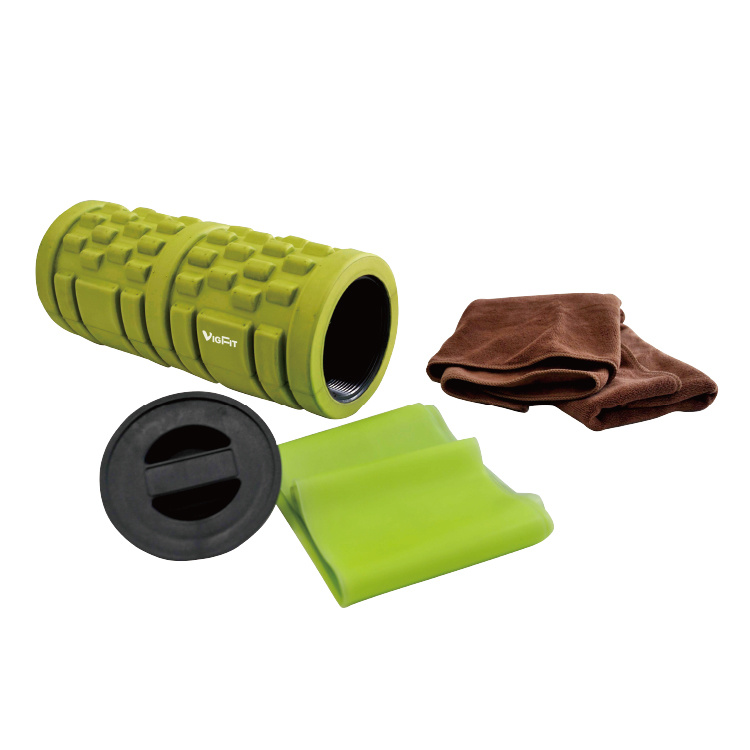 Ideal for Yoga enthusiasts or those new to Yoga.  Set includes foam roller, microfiber towel, latex band.