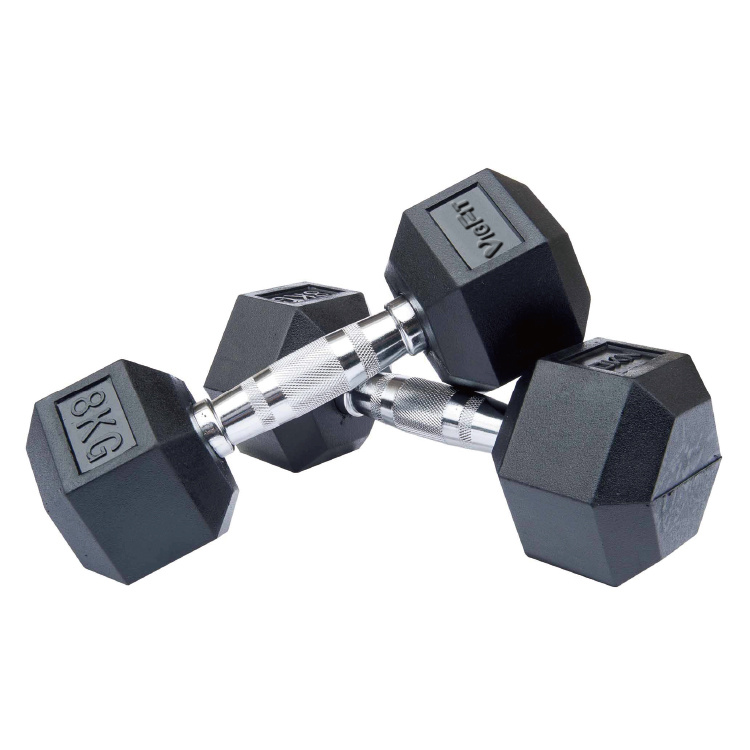 Cast metal dumbbell heads encased with thick rubber coating to prevent               chipping and help protect floors and equipment.   Head and handle welding joint. Solid steel knurled ergonomic handle with             chromed coating.