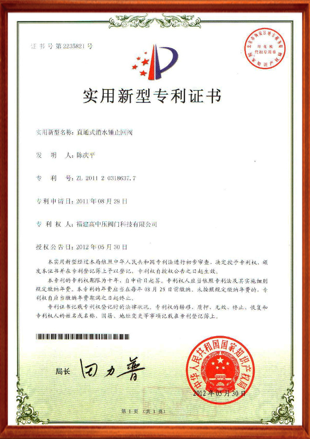 实用新型专利证书-直通式消水锤止回阀