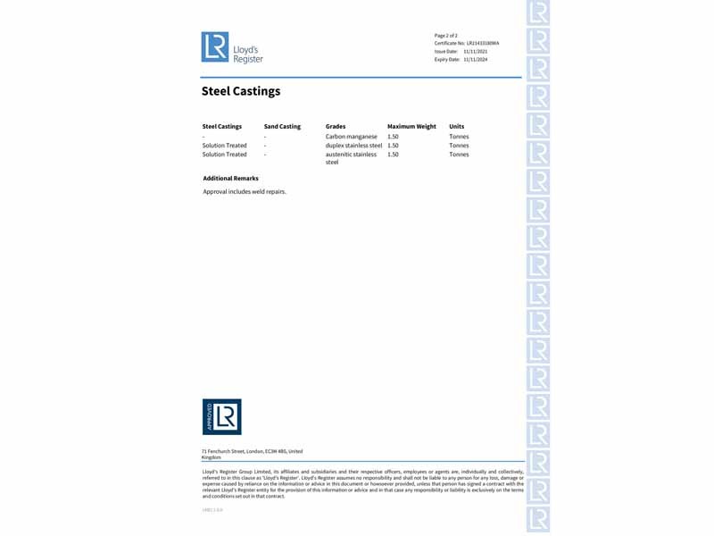 LR Steel Casting Manufacturing Approval Certificate