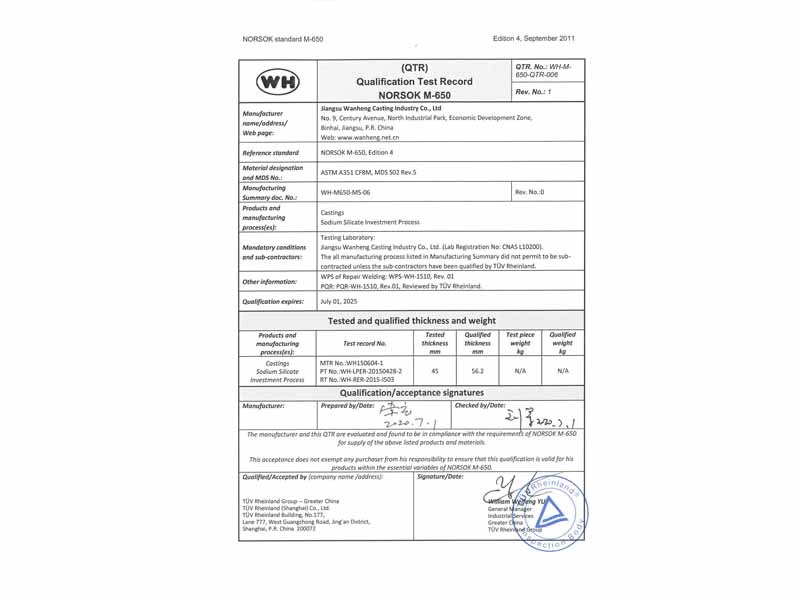 Norsok M650 Test Evaluation Record