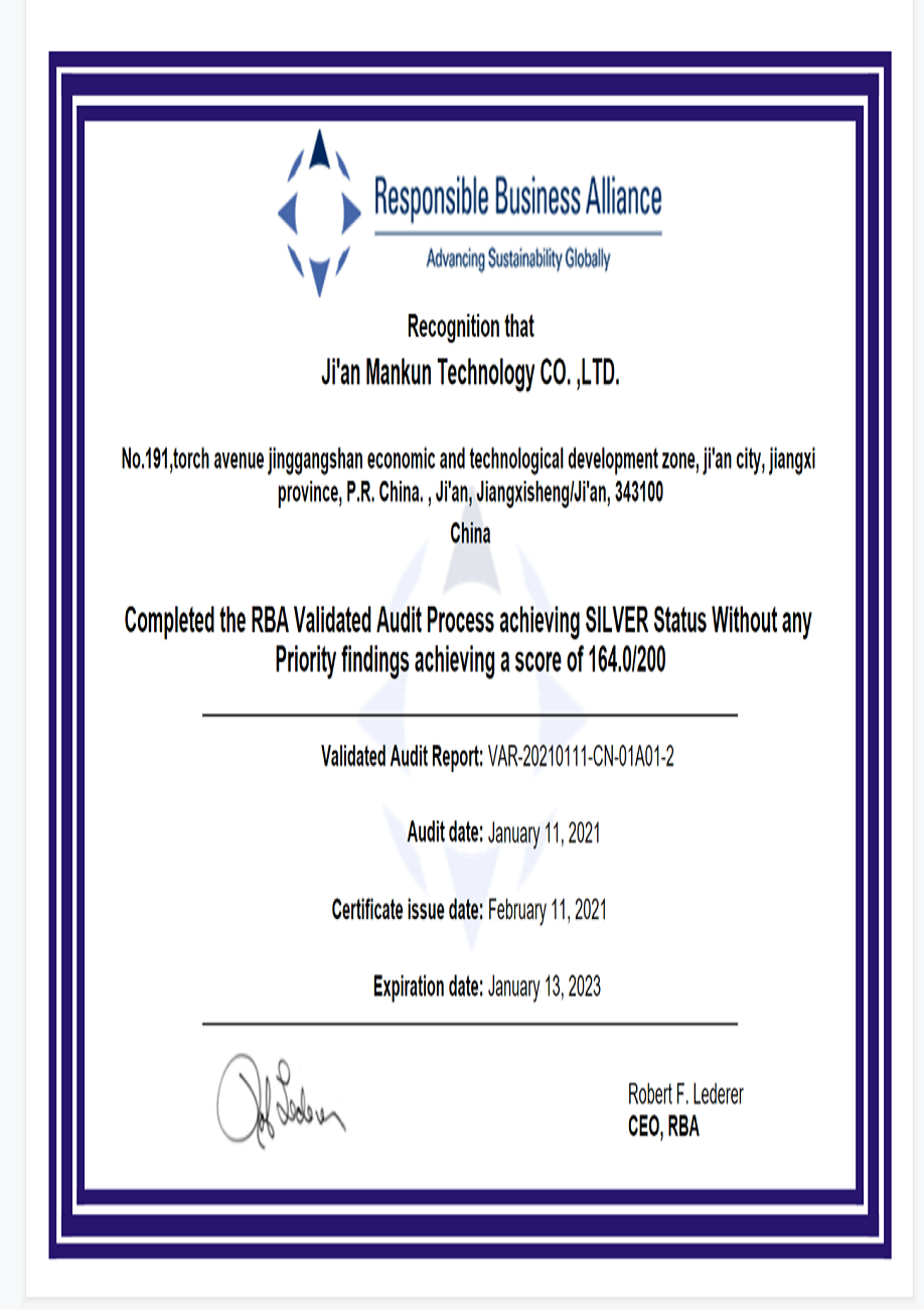 RBA system certification certificate-