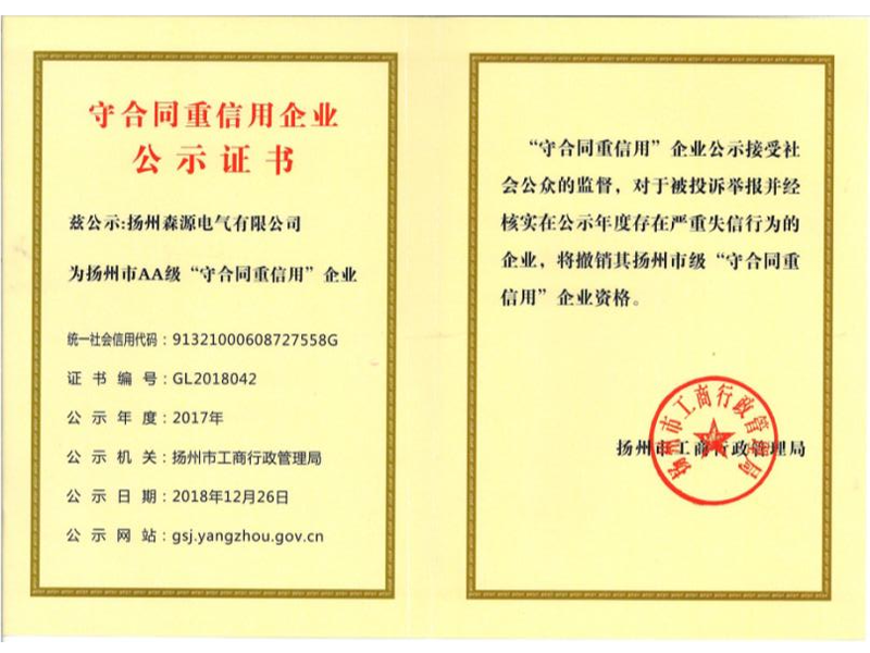 重合同守信用證書