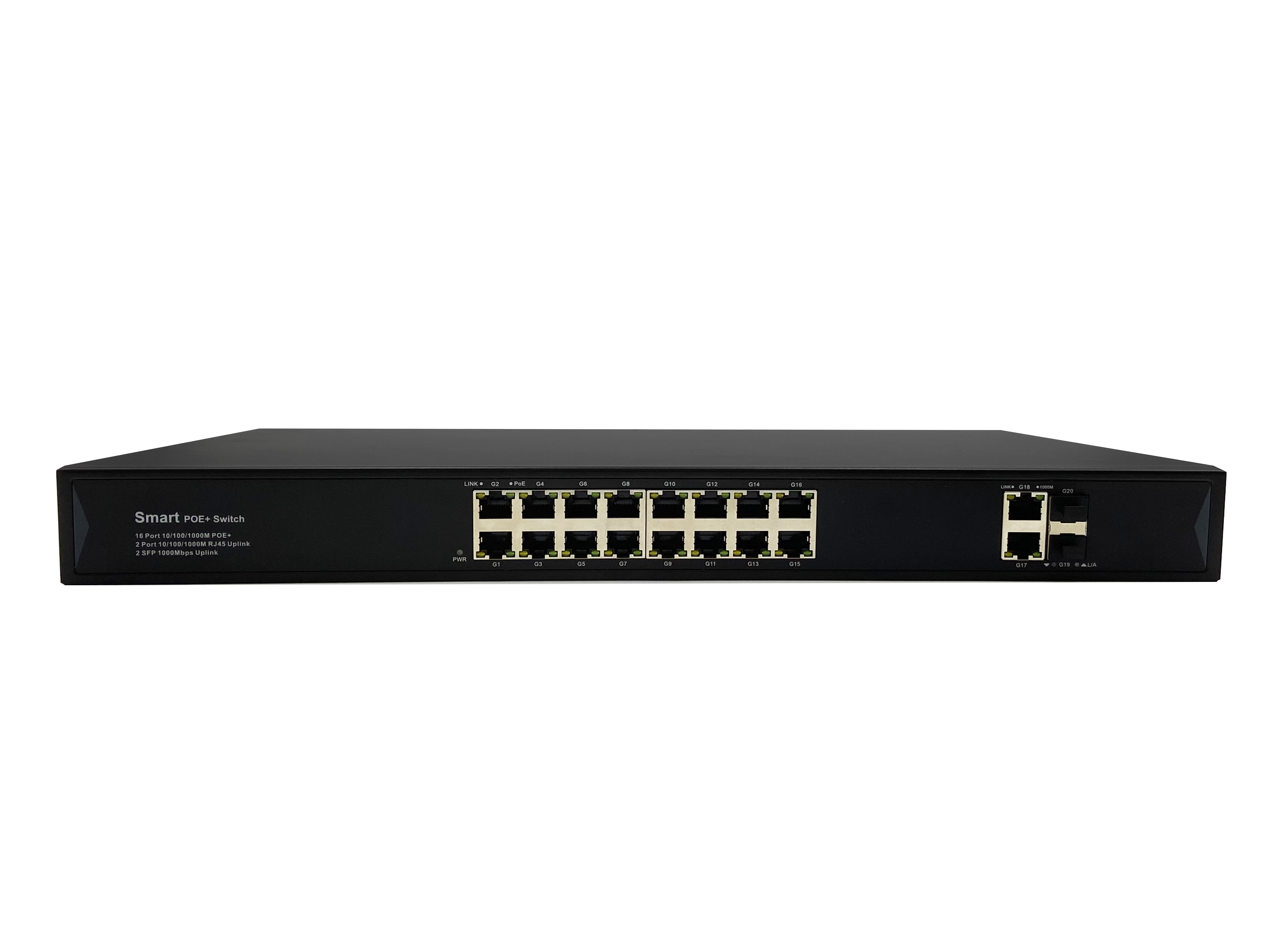 16 10/100/1000Base-T(X) PoE Port and 2 10/100/1000Base-T(X) Uplink Port and 2 10/100/1000Base-X unmanaged PoE Ethernet Switch JHA-P422016BHGW