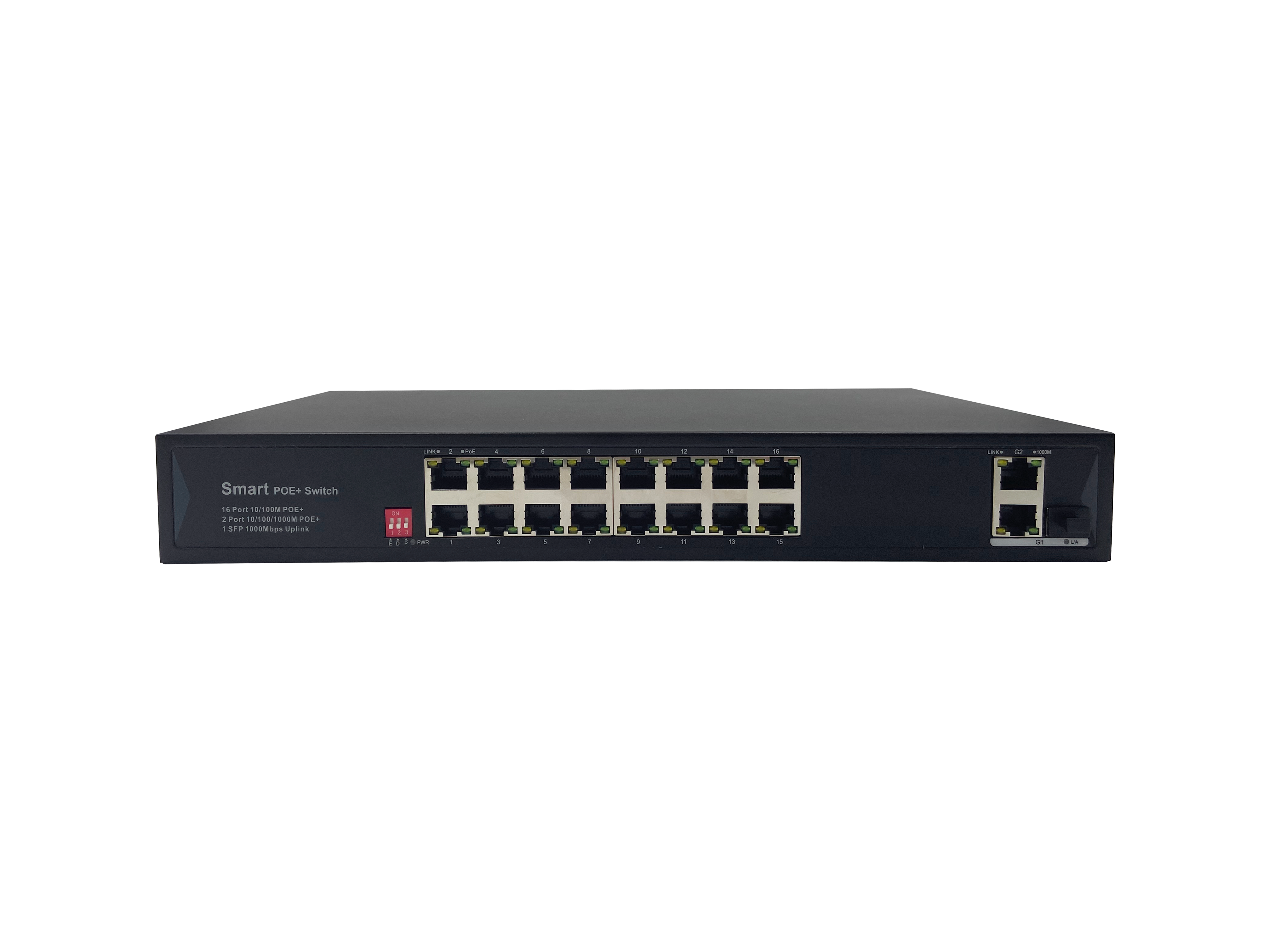 16 10/100Base-T(X) PoE Port and 2 10/100/1000Base-T(X) Uplink Port and 1 10/100/1000 Combo Port unmanaged PoE Ethernet Switch JHA-P312016CBMHGW