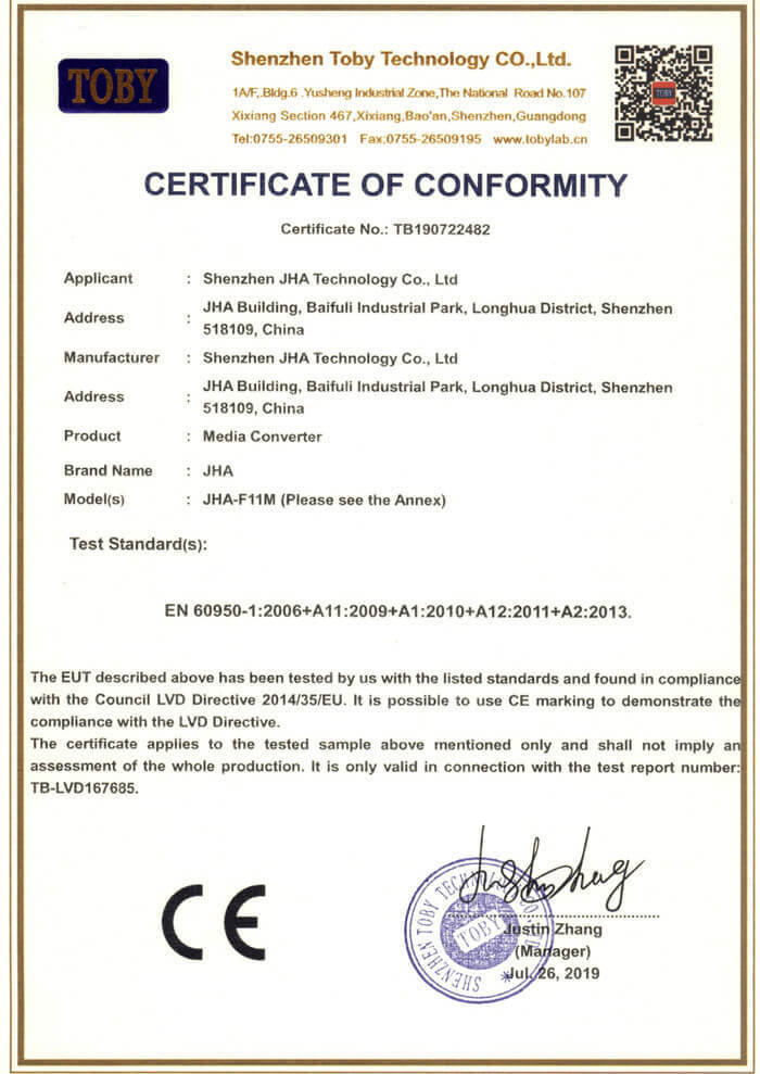 Fiber Media Converter CE-LVD Certification