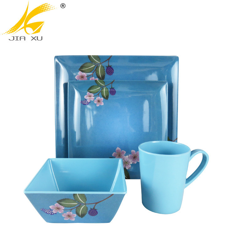 16pcs square 100% melamine dinnerware set wholesale A5 high quality melamine plate and bowl with customized dsign printing