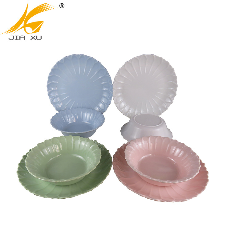 color melamine plates and bowls light blue light green pink and white melamine tableware