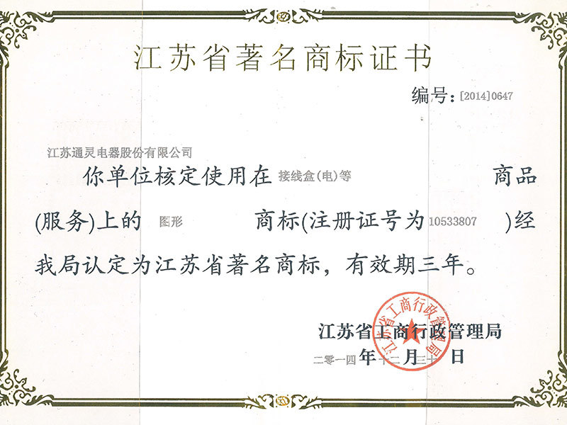 Provincial famous trademark certificate