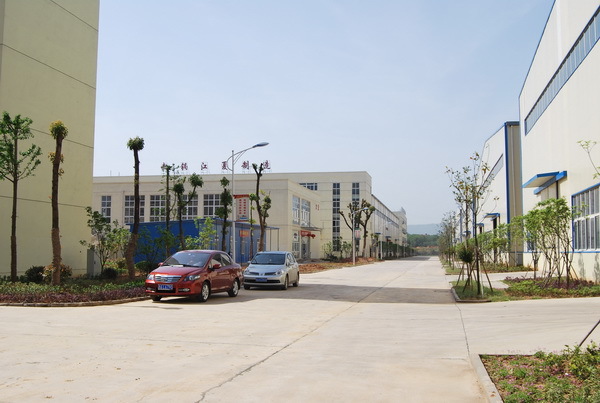 工业园里面的道路，整洁宽敞，布局合理，园区内绿化带已经栽种花草树木，为工人营造一个舒适的工作环境