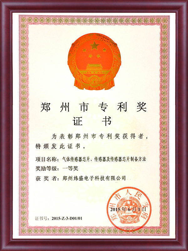 First-Prize-of-Zhengzhou-Patent-Award---Manufacturing-Method-of-Gas-Sensor-Chip，Sensor-and--Sensor-Chip