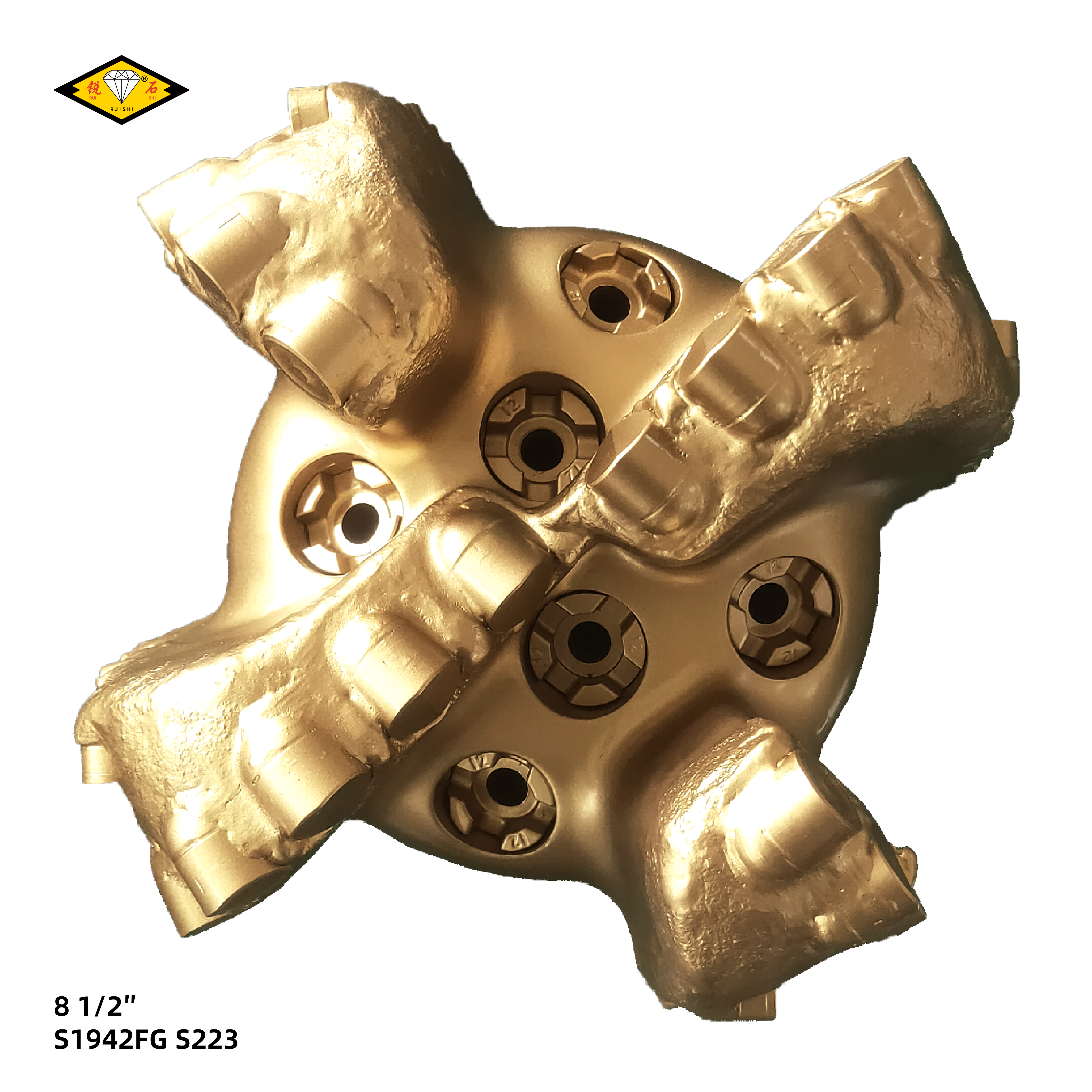 8 1/2″(215.9mm)，19毫米主切削齿，四刀翼，中软地层，PDC钢体钻头（8 1/2″ S1942FG S223）