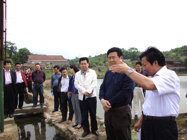 董事长张振华向时任怀化市副市长王行水（右二）介绍科研基地建设情况