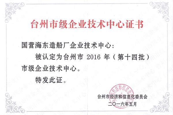 Certificate of Taizhou-level Enterprise Technology Center