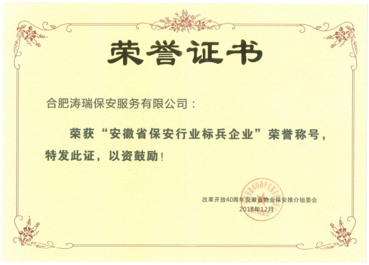 安徽省保安行业标兵企业荣誉证书