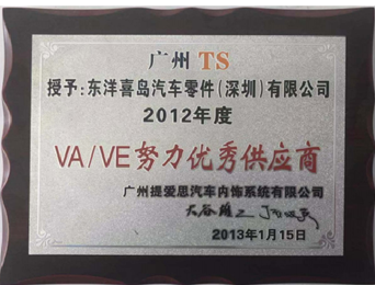 2012年度荣获广州TS VA/VE 努力优秀供应商
