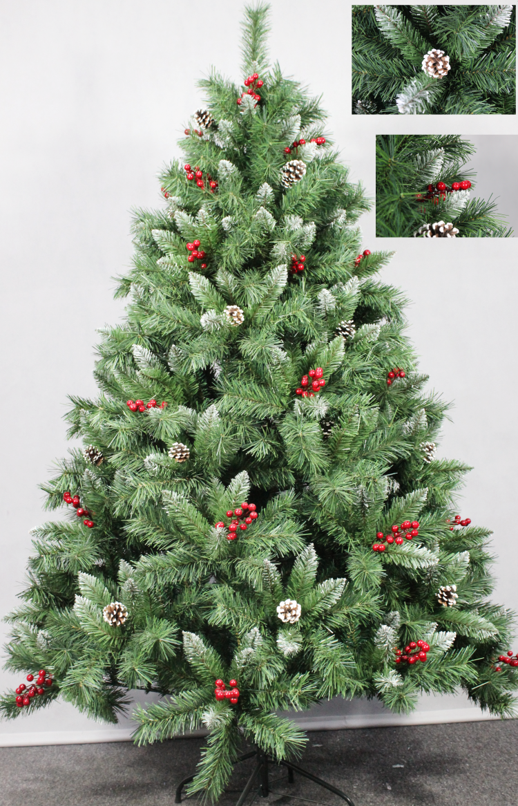 Hot sale  new product wholesales 210cm/7FT  PVC red cherry pine cone ornament with snow powderluxury Christmas tree