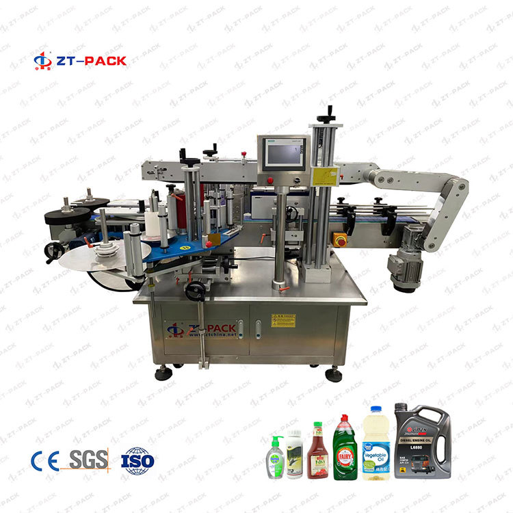 Self adhesive flat bottle double sides labeling machine