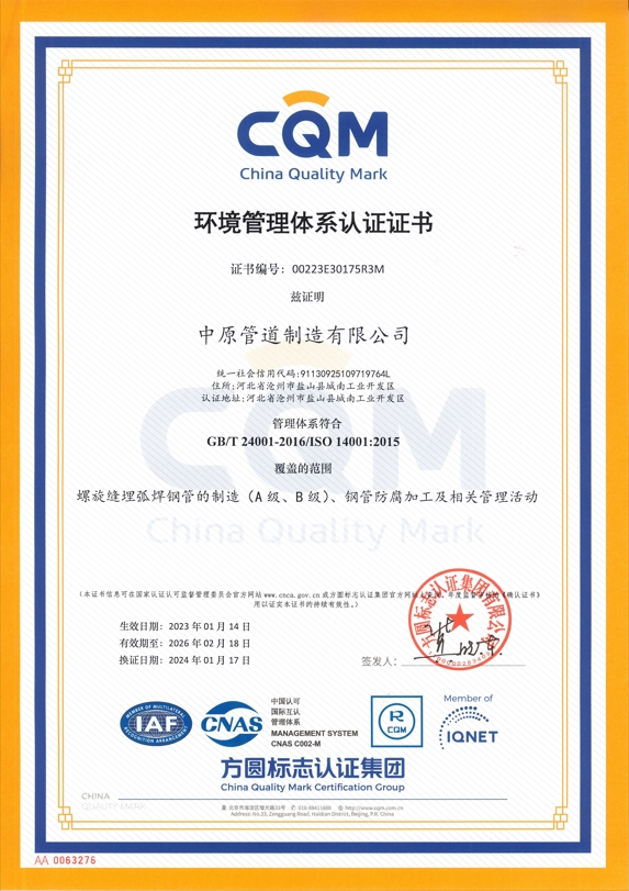 ISO14001 Environmental Management System Certificate (Chinese)