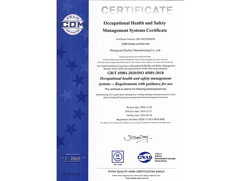45001 Occupation Health Safety Management System Certificate (English)