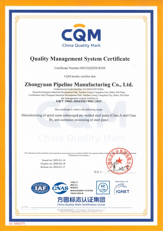 ISO9001 Quality Management System Certificate (English)
