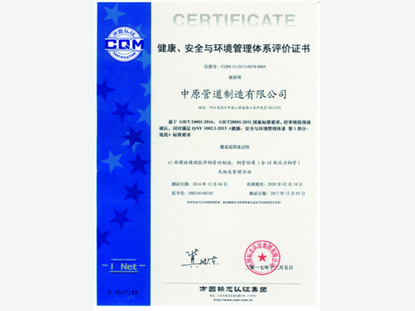 HSE Management System Evaluation Certificate