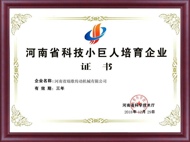 河南省科技小巨人培育企業證書