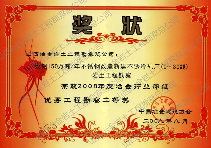 2008年冶金行業部級優秀勘察二等獎