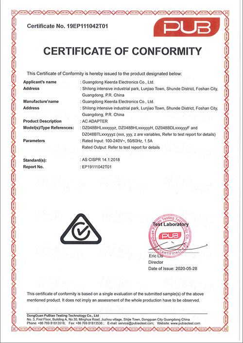 SAA Australian certification certificate