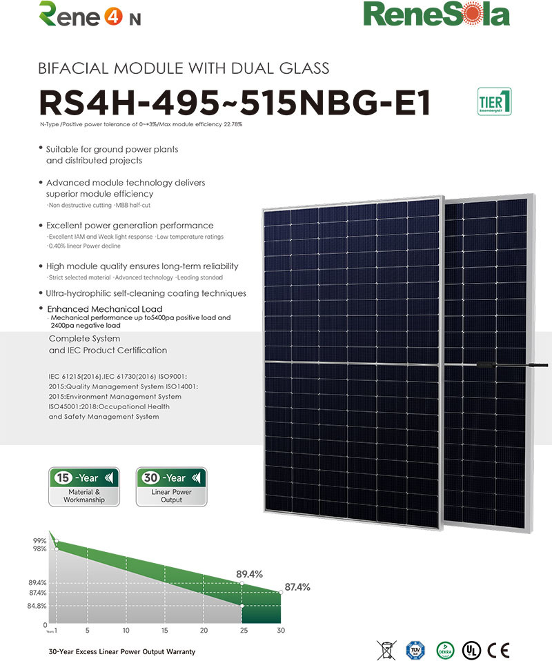 RS4H-495-515NBG N-type (182.2-191.6-120 bifacial module with dual glass)