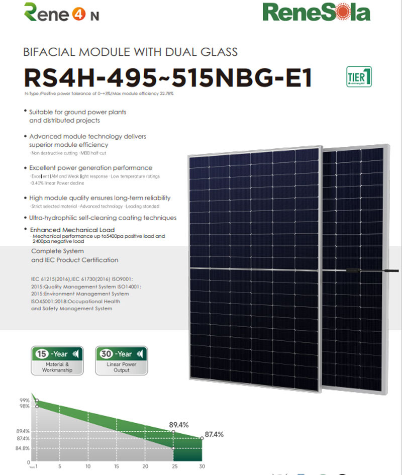 RS4H-495-515NBG N-type (182.2-191.6-120 bifacial module with dual glass)