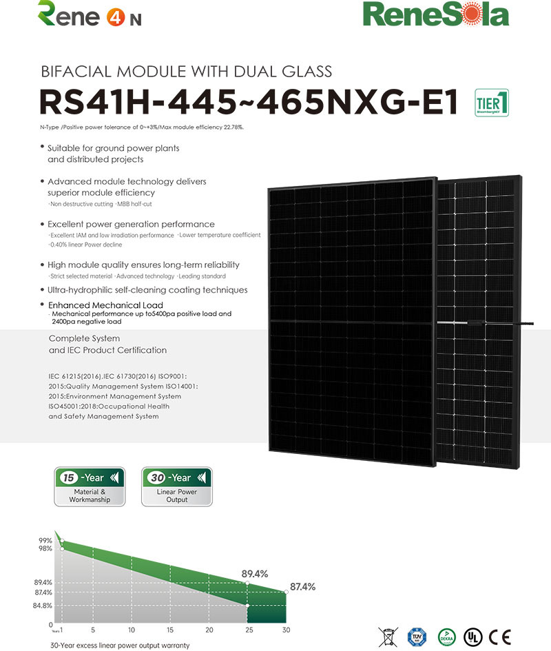 RS41H-445~465NXG N-type (182.2-191.6-108 bifacial module with dual glass)