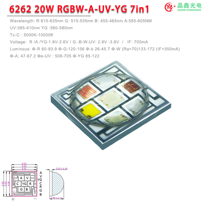 陶瓷-20W-6262-RGBCAV YG  红绿蓝白琥珀紫光黄绿 LED 灯珠 大功率彩色光源 贴片灯珠