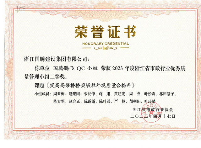 2023年度浙江省市政行業(yè)優(yōu)秀質(zhì)量管理小組二等獎 國騰騰飛QC小組提高高架橋橋梁墩柱外觀質(zhì)量合格率