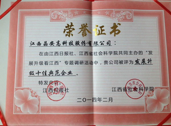 晶安高科獲發(fā)展升級(jí)看江西十佳典范企業(yè)、董事長(zhǎng)張宇獲十佳先鋒人物稱號(hào)
